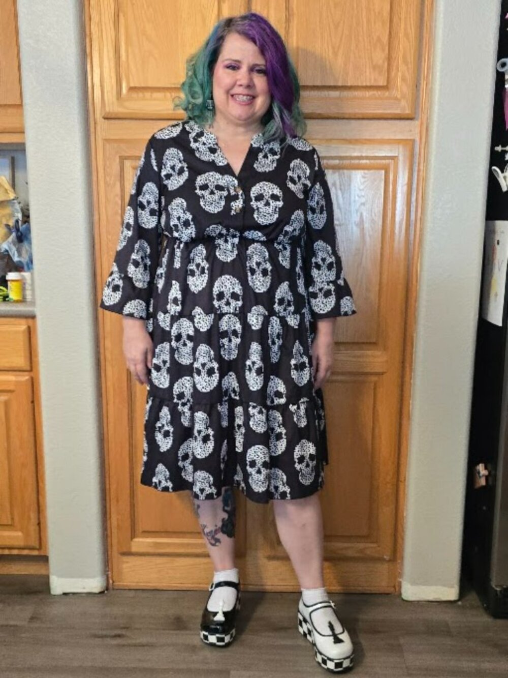 SHEIN Curve 1XL Straight from the Crypt (My closet): The Skull Tiered Midi Dress